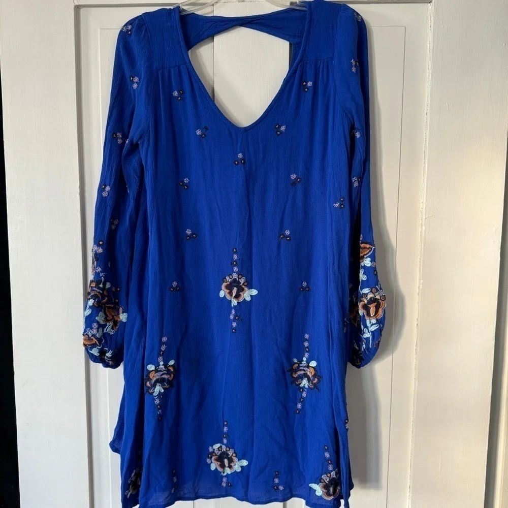 Free People Blue Embroidered Open Back Long Sleeve Dress - Picture 3 of 15